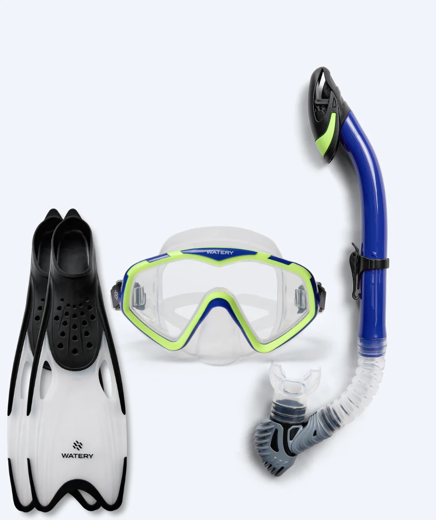 Watery zestaw maska, rurka i płetwy do snorkelingu dla dorosłych (od 15 lat) - Leach/Rilian - Niebieski/czarny