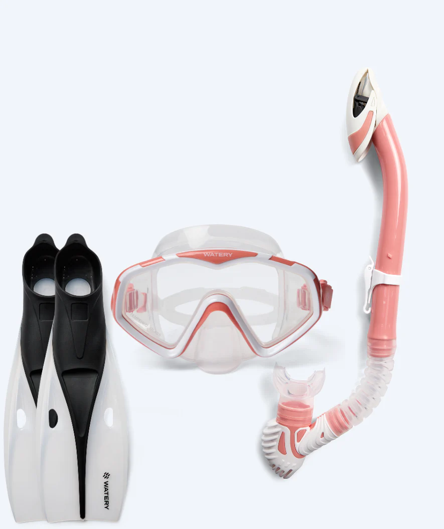 Watery zestaw maska, rurka i płetwy do snorkelingu dla dorosłych (od 15 lat) - Leach/Breeve - Biały/jasnoróżowy