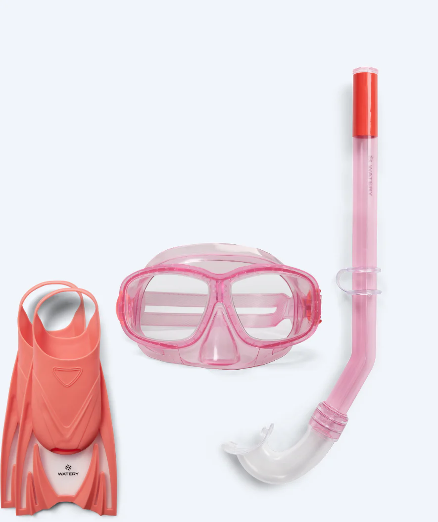 Watery zestaw maska, rurka i płetwy do snorkelingu dla dzieci (4-10) - Wyre/Bimasha - Jasnoróżowy/jasnoróżowy