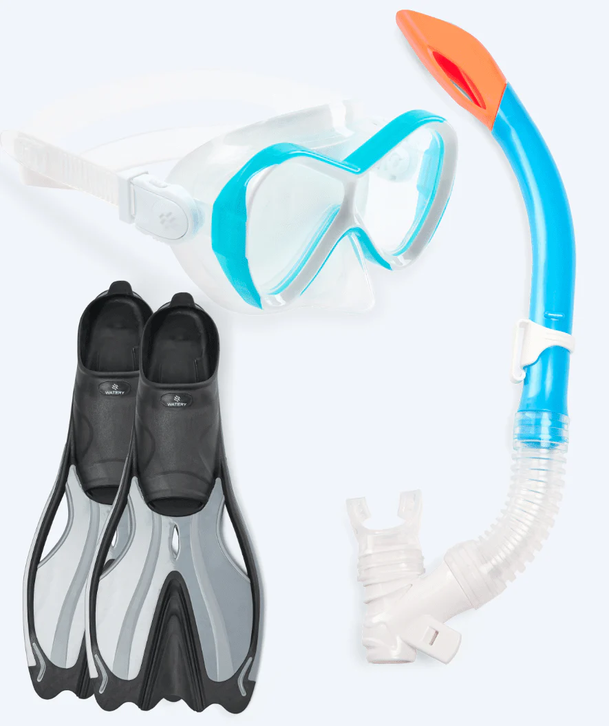 Watery zestaw maska, rurka i płetwy do snorkelingu dla dzieci - Delphina/Triton - Jasnoniebieski