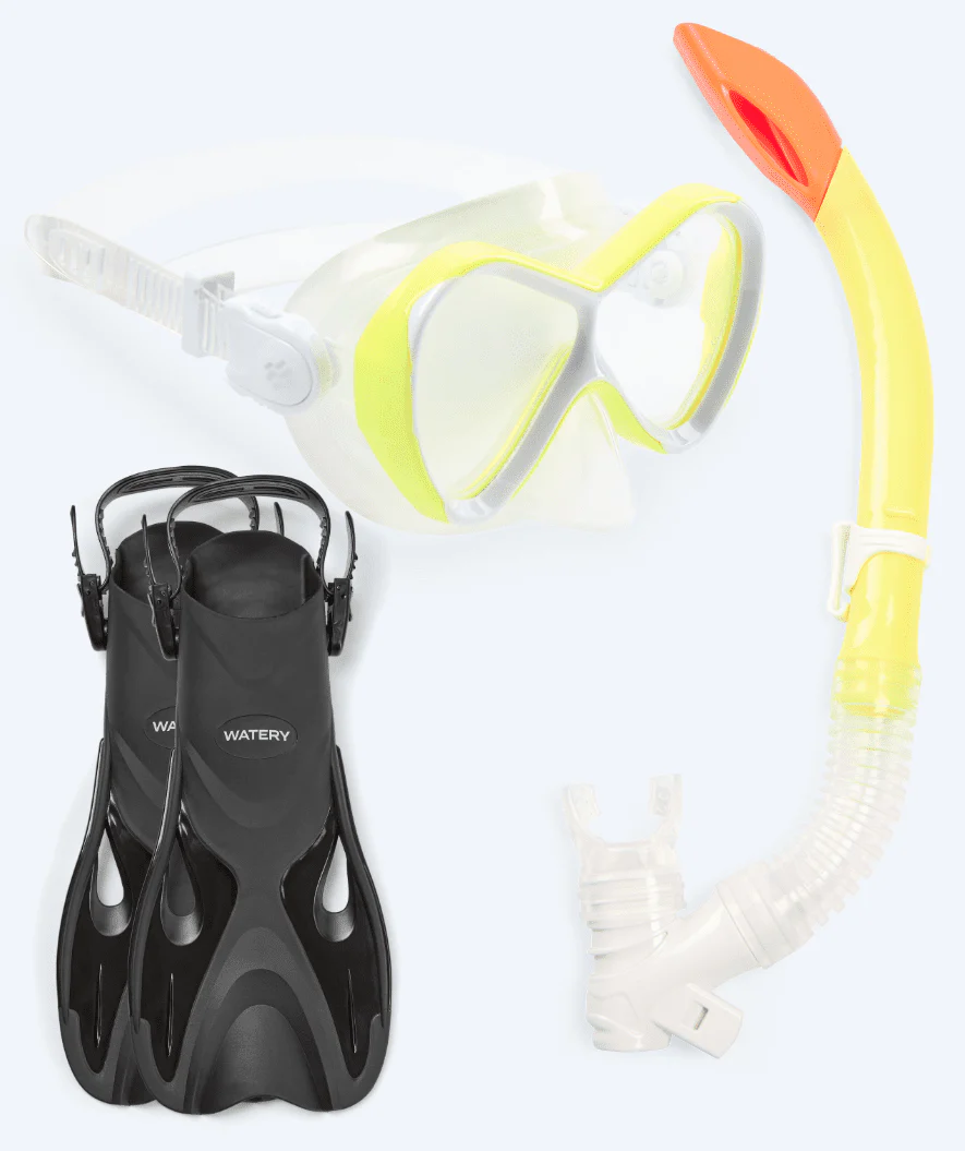 Watery zestaw maska, rurka i płetwy do snorkelingu dla dzieci - Fisher/Triton - Żółty