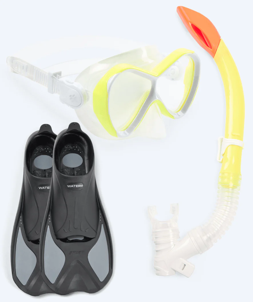 Watery zestaw maska, rurka i płetwy do snorkelingu dla dzieci - Pike/Triton - Żółty